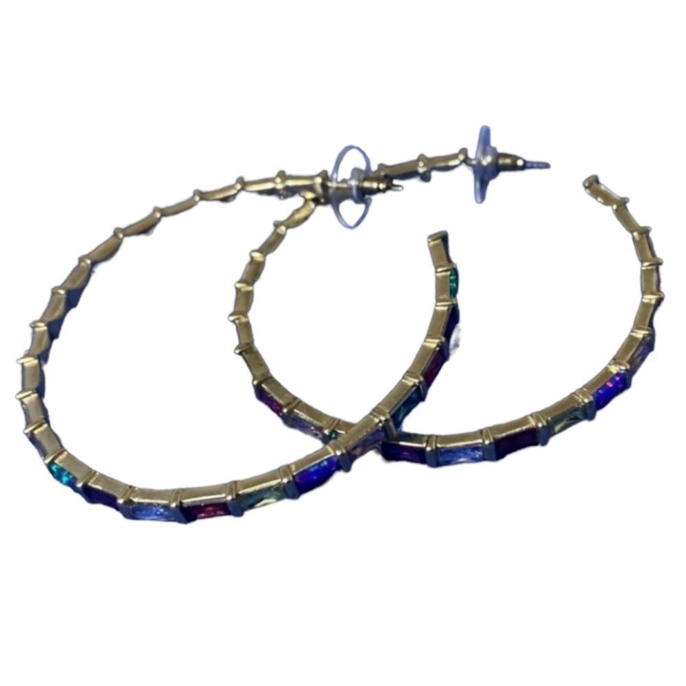 Kendra Scott Multi Color Baguette Crystal‎ Gold Tone Hoop Statement Earrings